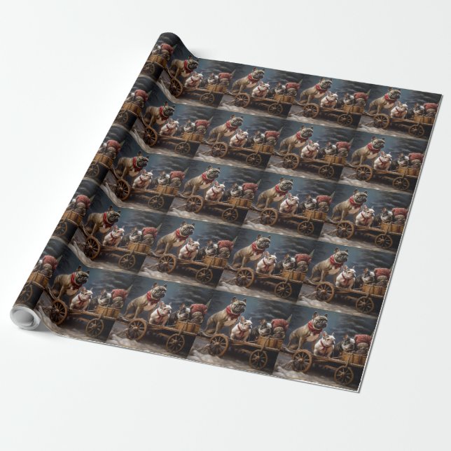 Papier Cadeau Décor de Noël de Bulldog Snowy Sleigh (Déroulé)