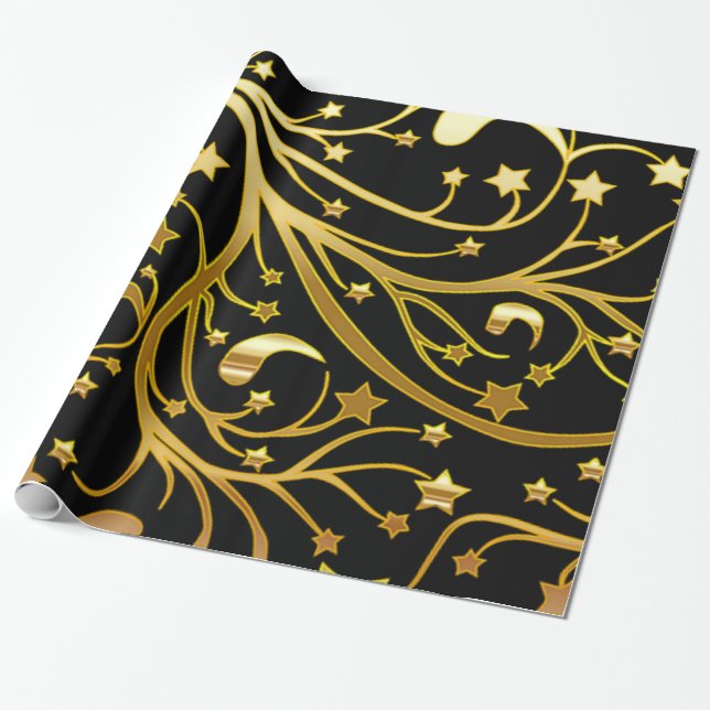Papier Cadeau Décor noir look Chic Étoiles de Noël (Déroulé)