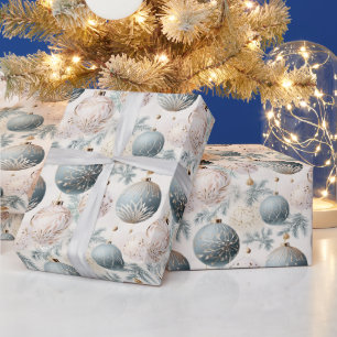 Papier Cadeau Décorations d'arbre de Noël Pastel Bleu & Blanc