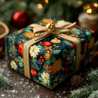 Papier Cadeau Décorations de Noël Classiques & Feuillage de Fête