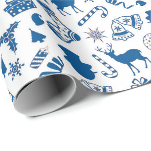 Papier Cadeau Décorations De Noël En Bleu Sur Blanc