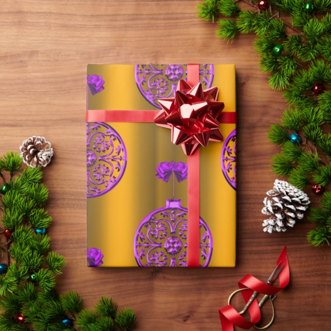 Papier Cadeau Décorations de Noël pourpres sur l'or (Créateur téléchargé)