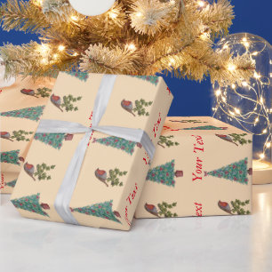Papier Cadeau décoré noël arbre robin lierre feuille saisonnier