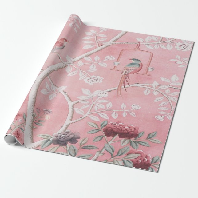 Papier Cadeau Découpage d'oiseaux de la Chinoiserie rose (Déroulé)