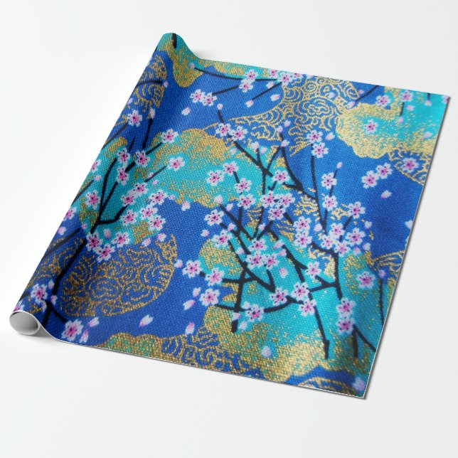 Papier Cadeau Découpage en fleurs de cerisier japonais d'or bleu (Déroulé)