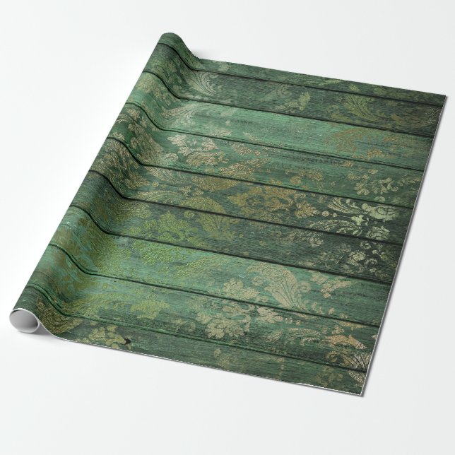 Papier Cadeau Défilement d'or sur bois vert (Déroulé)