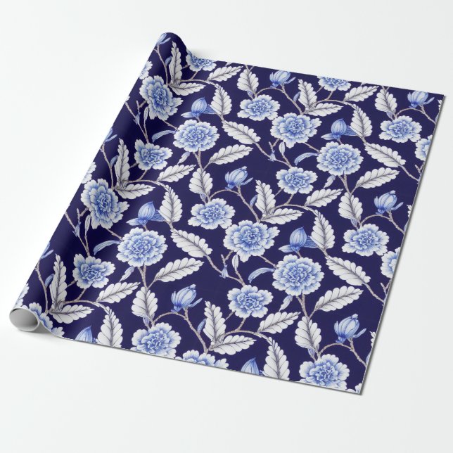 Papier Cadeau Delft Blue Floral Chinoiserie Porcelaine Motif (Déroulé)