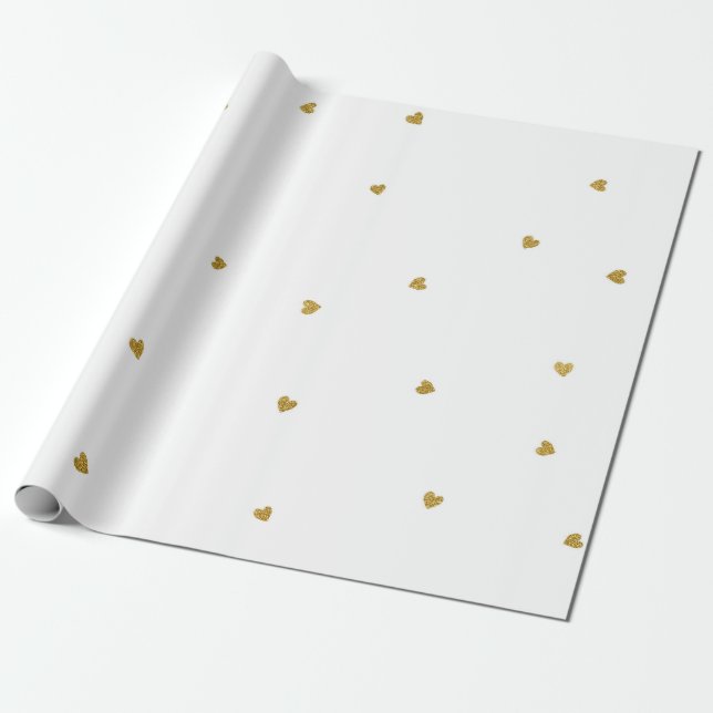Papier Cadeau Délicat Coeurs d'Or Confetti Dots Blanc (Déroulé)