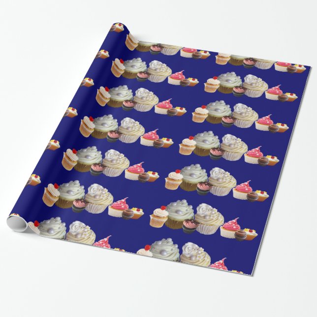Papier Cadeau DÉLICIEUX CUPCAKES DESERT SHOP, Bleu rose blanc (Déroulé)