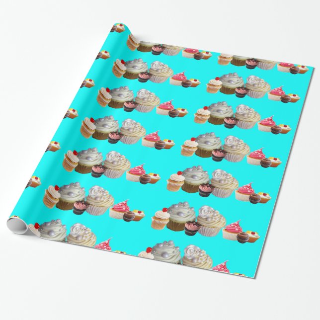 Papier Cadeau DÉLICIEUX CUPCAKES DESERT SHOP, Bleu Turquoise Bla (Déroulé)
