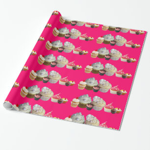Papier Cadeau DÉLICIEUX CUPCAKES DESERT SHOP, Rose Fuchsia Blanc