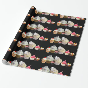 Papier Cadeau DÉLICIEUX CUPCAKES DESERT SHOP, Rose Noir Rouge