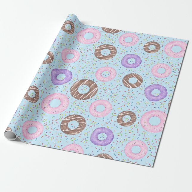Papier Cadeau Delicious Donuts Wrapping Paper on Blue (Déroulé)