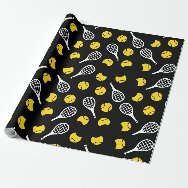 Papier Cadeau Demi-balles et raquettes Jaunes Sport Tennis Cadea (Déroulé)