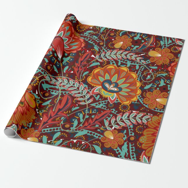 Papier Cadeau Dense floral ornemental dessiner à la main fleurs  (Déroulé)