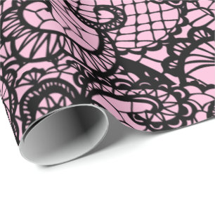 Papier Cadeau Dentelle noire sur papier d'enveloppement rose