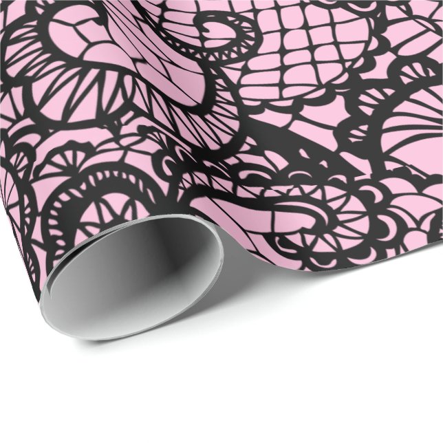 Papier Cadeau Dentelle noire sur papier d'enveloppement rose (Coin rond)