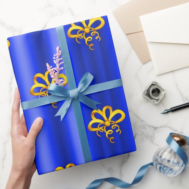 Papier Cadeau Des Bows en or pour Noël bleu (Créateur téléchargé)