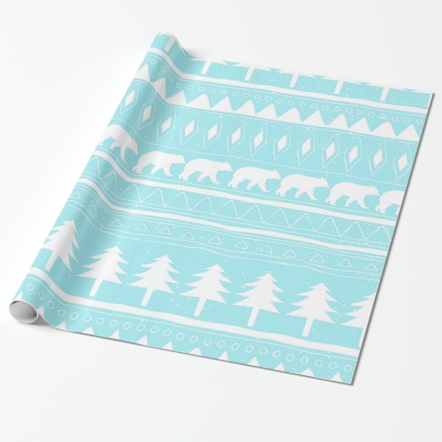 Papier Cadeau Des ours et des Motifs de Noël Turquoises (Déroulé)