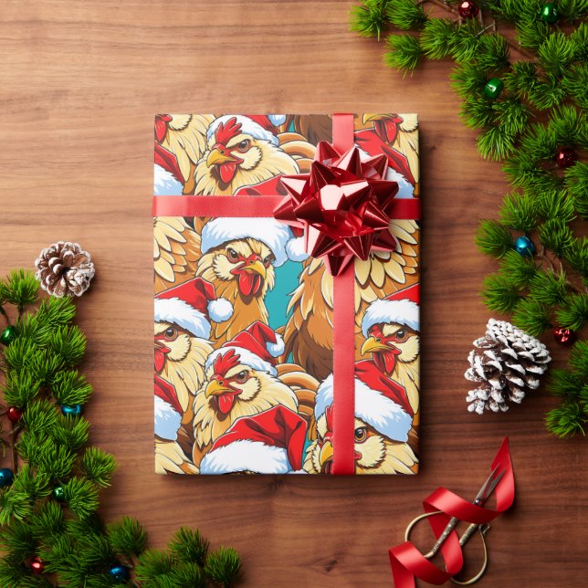 Papier Cadeau Des poulets portant des Casquettes du Père Noël (Cadeau de vacances)