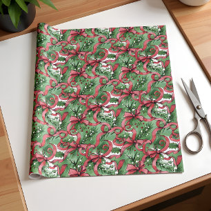 Papier Cadeau Des sapins de Noël, du houx et des rubans rouges