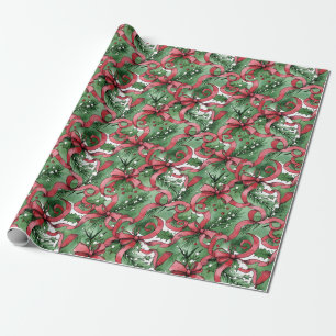 Papier Cadeau Des sapins de Noël, du houx et des rubans rouges