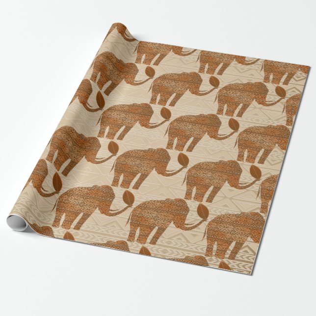 Papier Cadeau Design d'art tribal des éléphants (Déroulé)