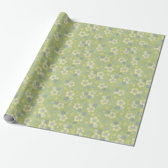 Papier Cadeau design floral vert doux et bleu (Déroulé)