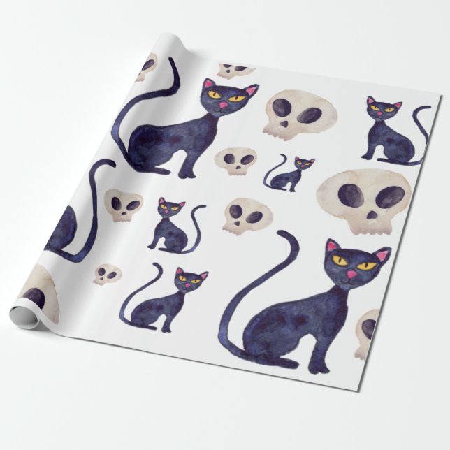 Papier Cadeau Design Halloween Chat Et Crâne Noir (Déroulé)