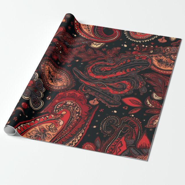Papier Cadeau Design Motif gras et magnifique Red Paisley (Déroulé)