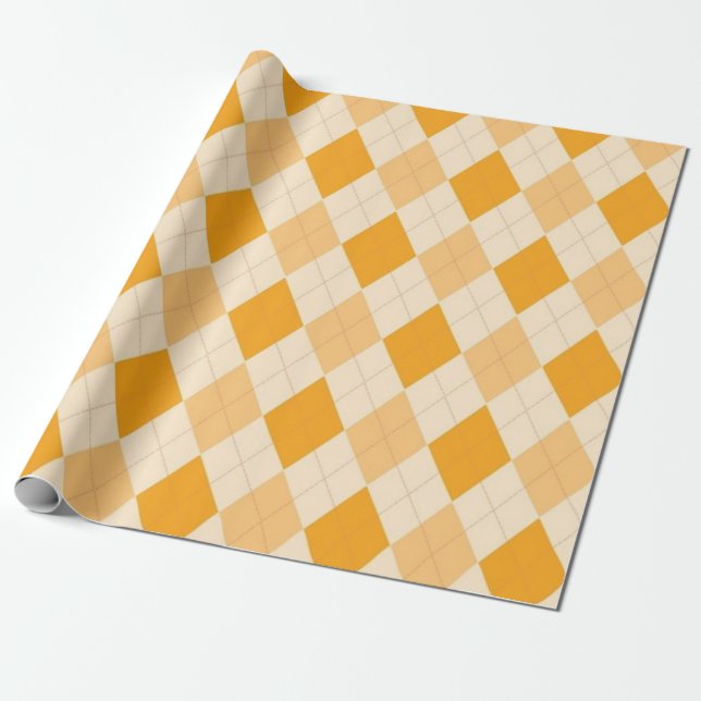 Papier Cadeau Design Plaid Orange Jaune Tan Jacquard (Déroulé)
