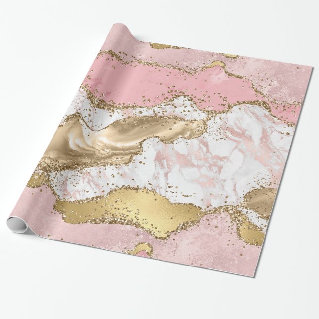 Papier Cadeau Design Rose de luxe en marbre rose or (Déroulé)