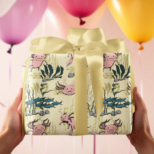 Papier Cadeau Dessin Axolotal Jaune & Rose sous-marin pour enfan
