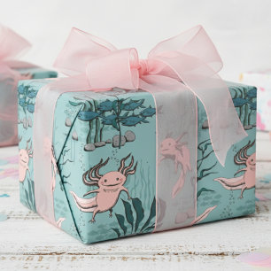Papier Cadeau Dessin Axolotal pour enfants vert et rose pâle sou