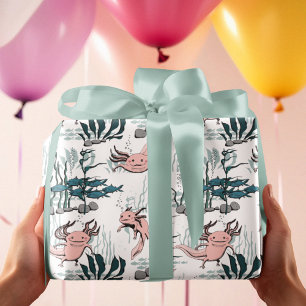 Papier Cadeau Dessin Axolotal sous-marin rose et vert pour enfan