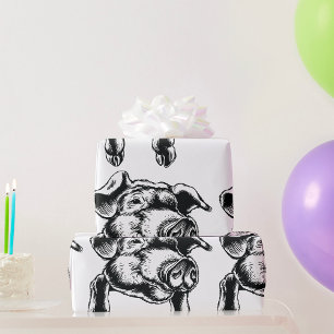 Papier Cadeau Dessin d'animal de ferme tête de cochon en noir et