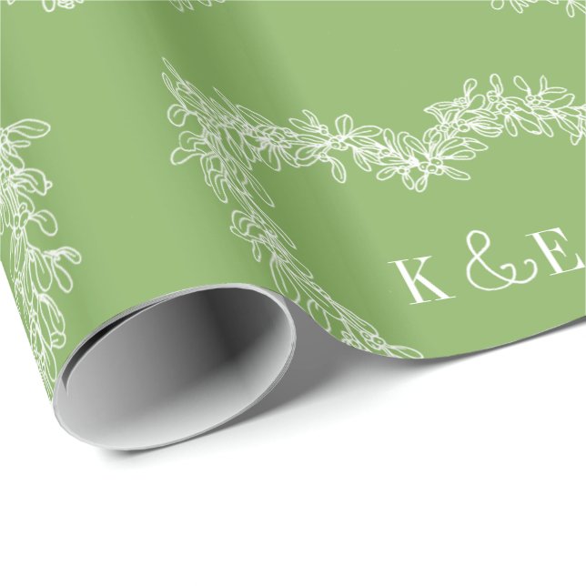 Papier Cadeau Dessin de trait de mélèze vert monogramme blanc (Coin rond)