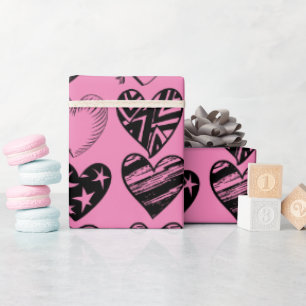 Papier Cadeau Dessin d'écritures de coeur noir adorable