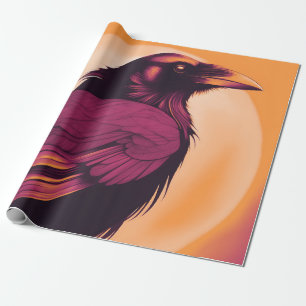 Papier Cadeau Dessin d'un corbeau noir sur orange jaune