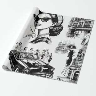 Papier Cadeau Dessin vintage Fille de mode