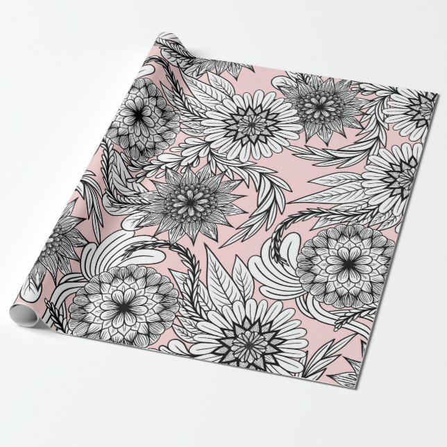 Papier Cadeau Dessins floraux roses modernes (Déroulé)
