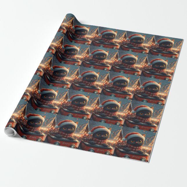 Papier Cadeau Dessous de verre noir à rouleaux de chat Noël (Déroulé)