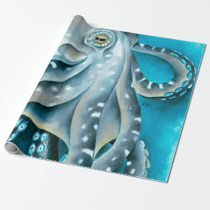 Papier Cadeau Détails de l'aquarelle bleue octopus