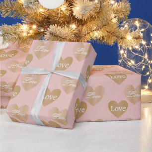 Papier Cadeau Deux fois Golden Love Coeurs Mariages sur Rose Gol