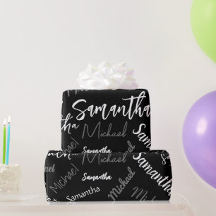 Papier Cadeau Deux noms couple motif monogramme noir gris blanc