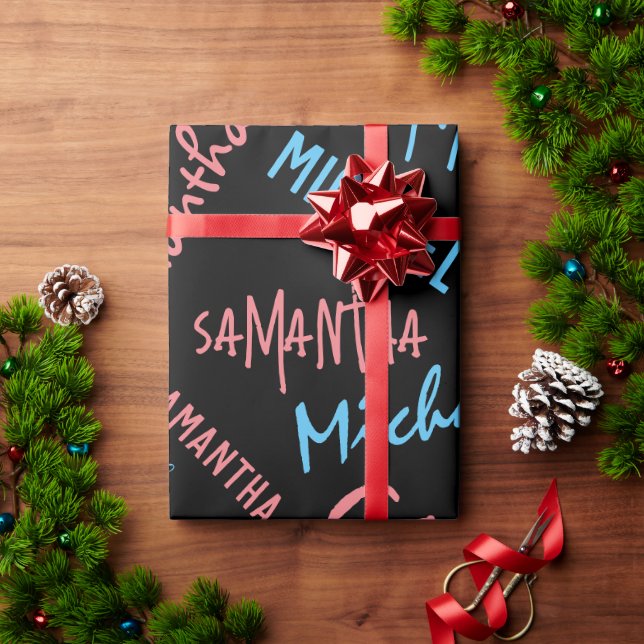 Papier Cadeau Deux noms couples motif monogramme bleu rose clair (Cadeau de vacances)