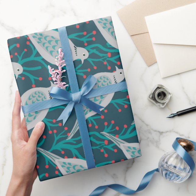 Papier Cadeau Deux (ou plus !) tourterelles en turquoise (Cadeaux)