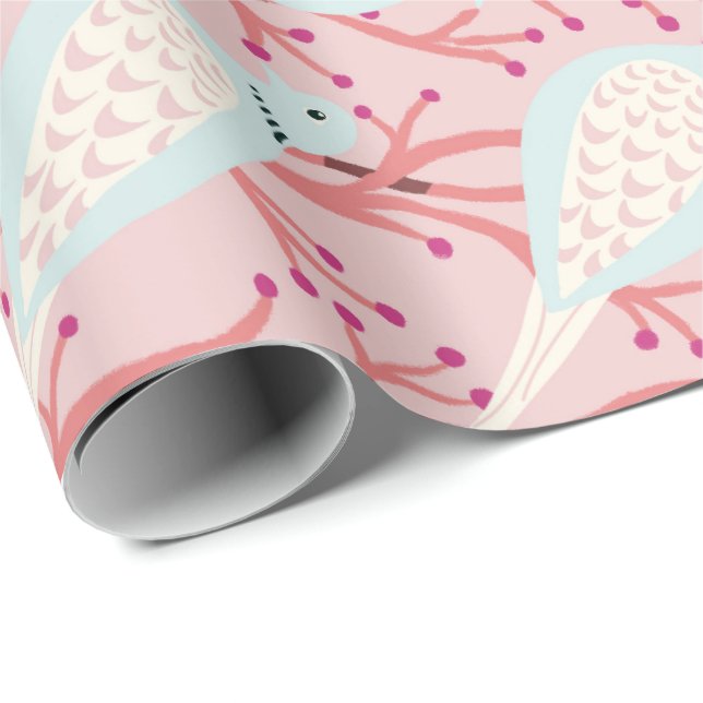 Papier Cadeau Deux (ou plus !) tourterelles sur un sol rose (Coin rond)