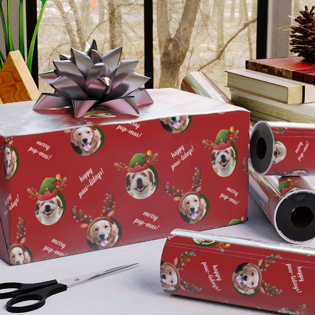 Papier Cadeau Deux rennes photo de chien Antler Joyeux Noël Roug (Créateur téléchargé)