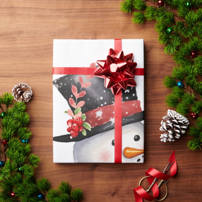Papier Cadeau Deux Snowman en chapeau supérieur et Écharpes roug (Cadeau de vacances)